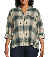 Westbound Plus Plaid Print Long Sleeve V-Neck Blouse