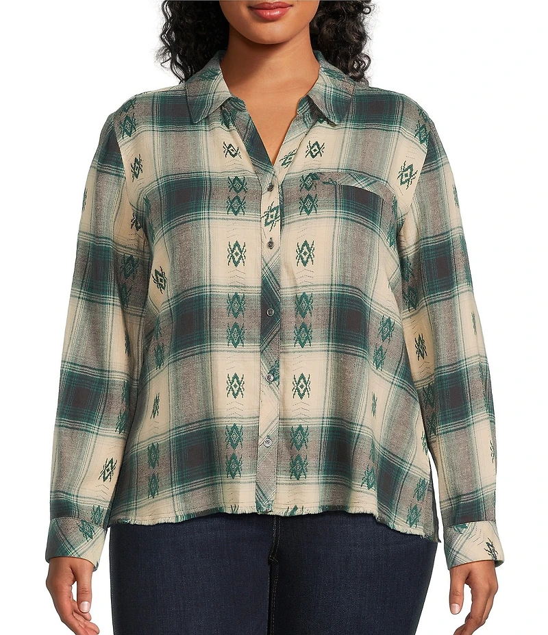 Westbound Plus Plaid Print Long Sleeve V-Neck Blouse