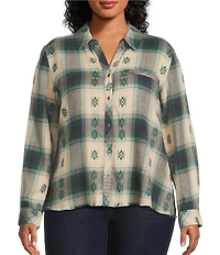 Westbound Plus Plaid Print Long Sleeve V-Neck Blouse