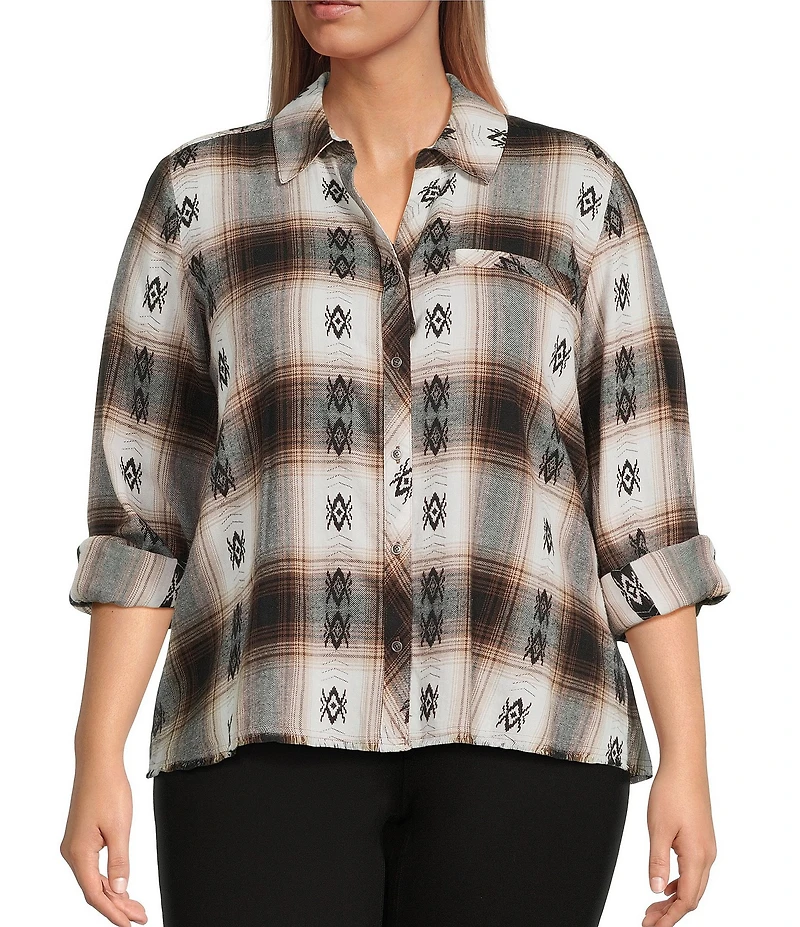Westbound Plus Plaid Print Long Sleeve V-Neck Blouse