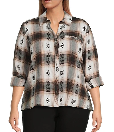 Westbound Plus Size Plaid Print Long Sleeve V-Neck Blouse