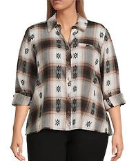 Westbound Plus Plaid Print Long Sleeve V-Neck Blouse
