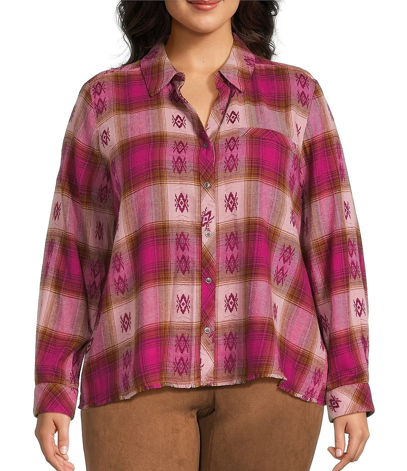 Westbound Plus Plaid Print Long Sleeve V-Neck Blouse