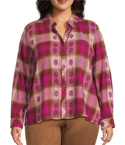 Westbound Plus Plaid Print Long Sleeve V-Neck Blouse