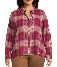 Westbound Plus Plaid Print Long Sleeve V-Neck Blouse