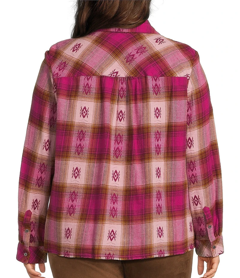 Westbound Plus Plaid Print Long Sleeve V-Neck Blouse