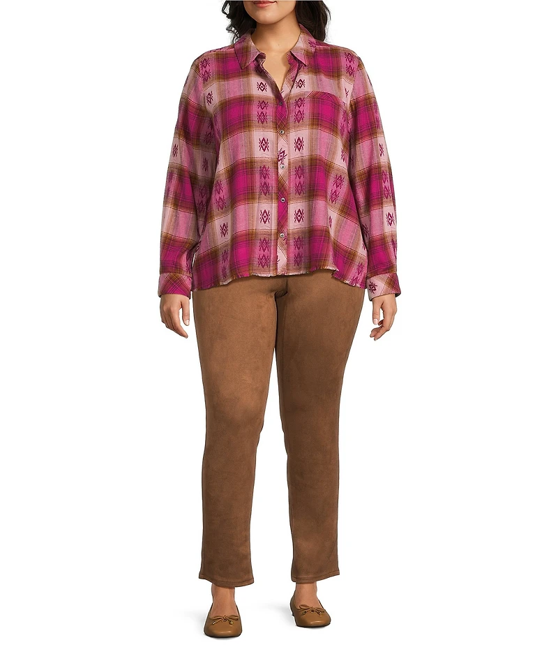 Westbound Plus Plaid Print Long Sleeve V-Neck Blouse