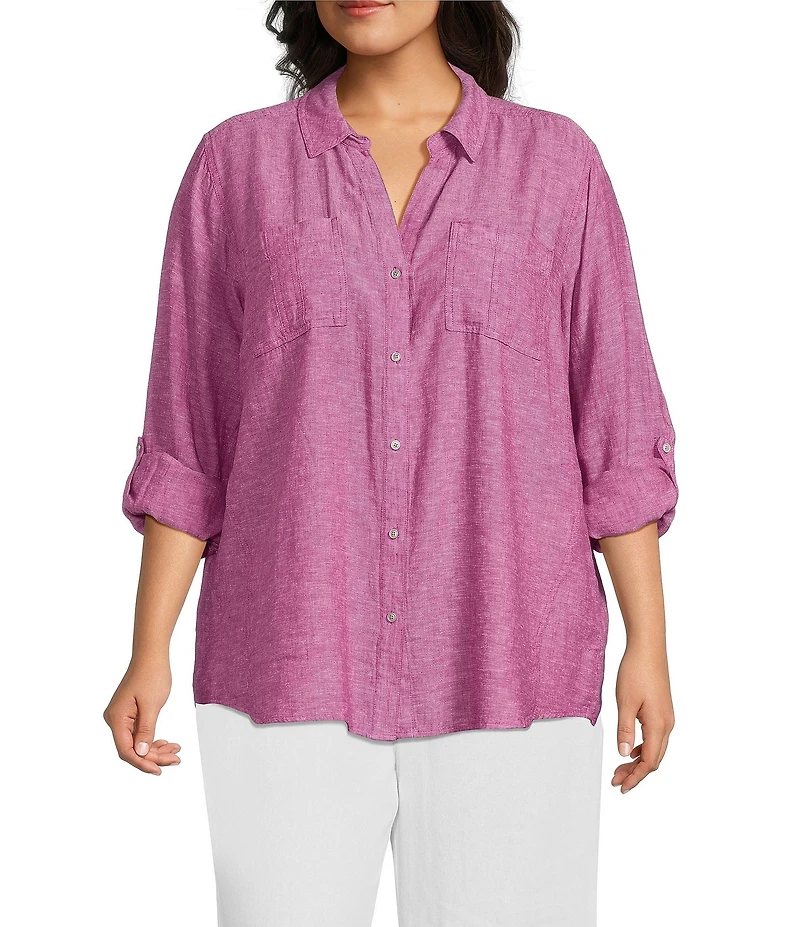 Westbound Plus Size 3/4 Roll-Tab Sleeve Point Collar Y-Neck Button Front Shirt