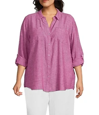 Westbound Plus Size 3/4 Roll-Tab Sleeve Point Collar Y-Neck Button Front Shirt