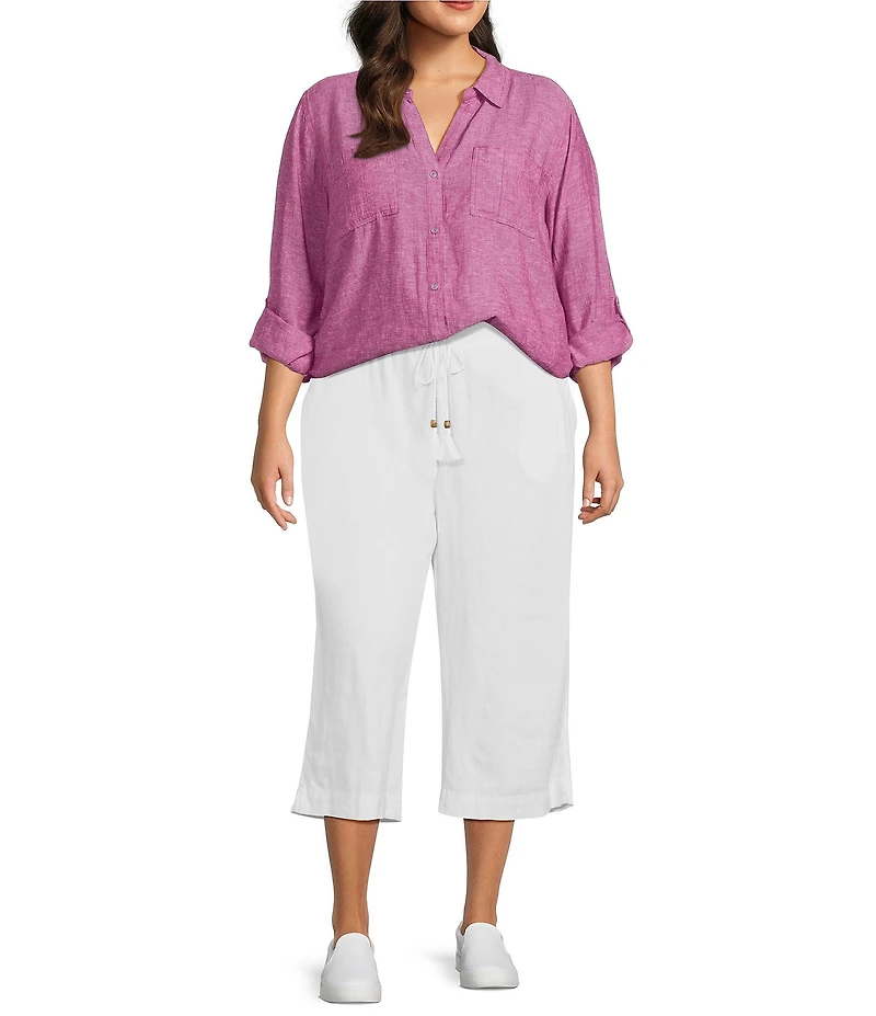 Westbound Plus Size 3/4 Roll-Tab Sleeve Point Collar Y-Neck Button Front Shirt