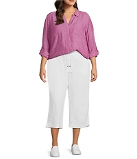 Westbound Plus Size 3/4 Roll-Tab Sleeve Point Collar Y-Neck Button Front Shirt