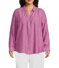 Westbound Plus Size 3/4 Roll-Tab Sleeve Point Collar Y-Neck Button Front Shirt