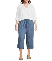 Westbound Plus Size 3/4 Roll-Tab Sleeve Point Collar Y-Neck Button Front Shirt