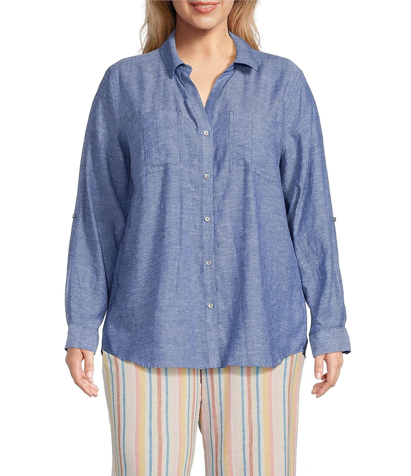 Westbound Plus Size 3/4 Roll-Tab Sleeve Point Collar Y-Neck Button Front Shirt