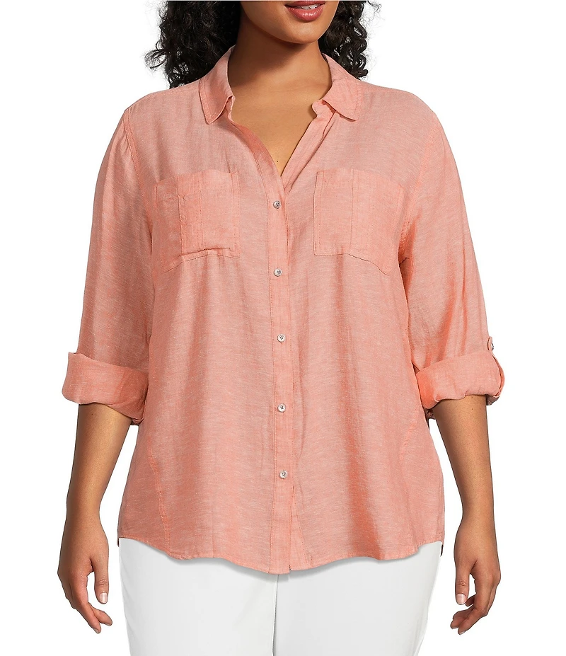 Westbound Plus Size 3/4 Roll-Tab Sleeve Point Collar Y-Neck Button Front Shirt