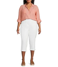 Westbound Plus Size 3/4 Roll-Tab Sleeve Point Collar Y-Neck Button Front Shirt