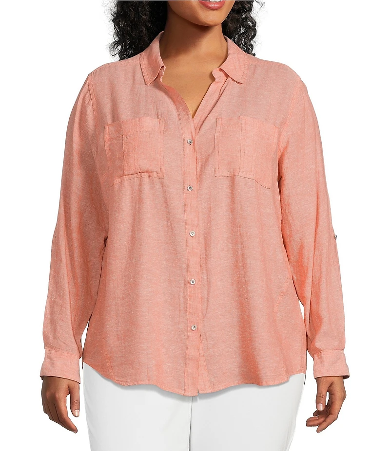 Westbound Plus Size 3/4 Roll-Tab Sleeve Point Collar Y-Neck Button Front Shirt
