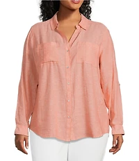 Westbound Plus Size 3/4 Roll-Tab Sleeve Point Collar Y-Neck Button Front Shirt