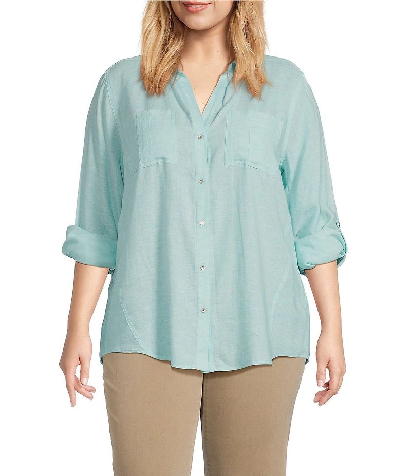 Westbound Plus Size 3/4 Roll-Tab Sleeve Point Collar Y-Neck Button Front Shirt