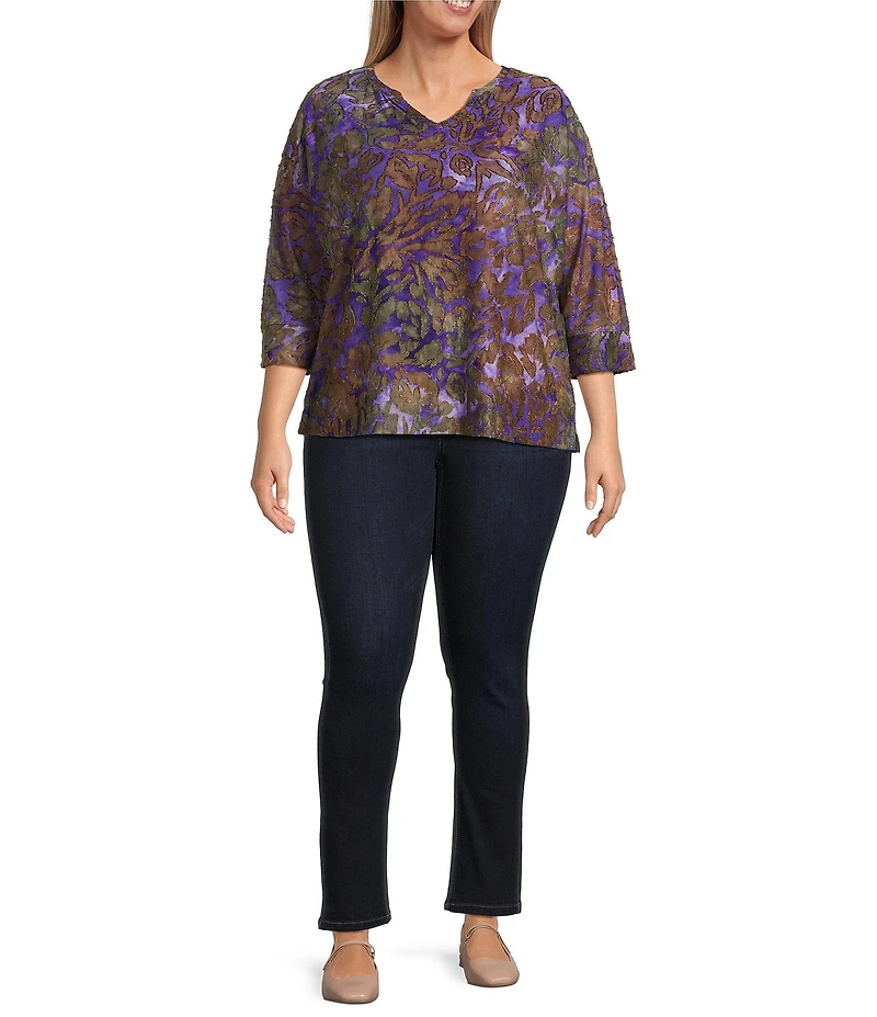 Westbound Plus Size Notch Collar 3/4 Sleeve Printed Blouse