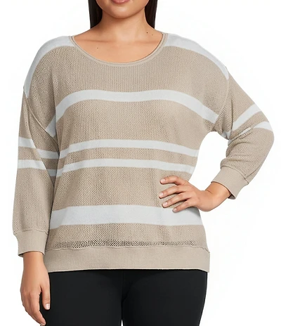 Westbound Plus Size 3/4 Sleeve Crochet Crew Neck Ribbed Top