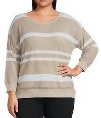 Westbound Plus Size 3/4 Sleeve Crochet Crew Neck Ribbed Top