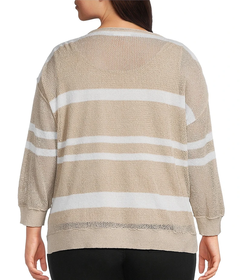 Westbound Plus Size 3/4 Sleeve Crochet Crew Neck Ribbed Top