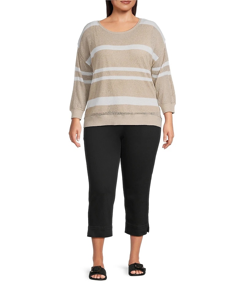 Westbound Plus Size 3/4 Sleeve Crochet Crew Neck Ribbed Top