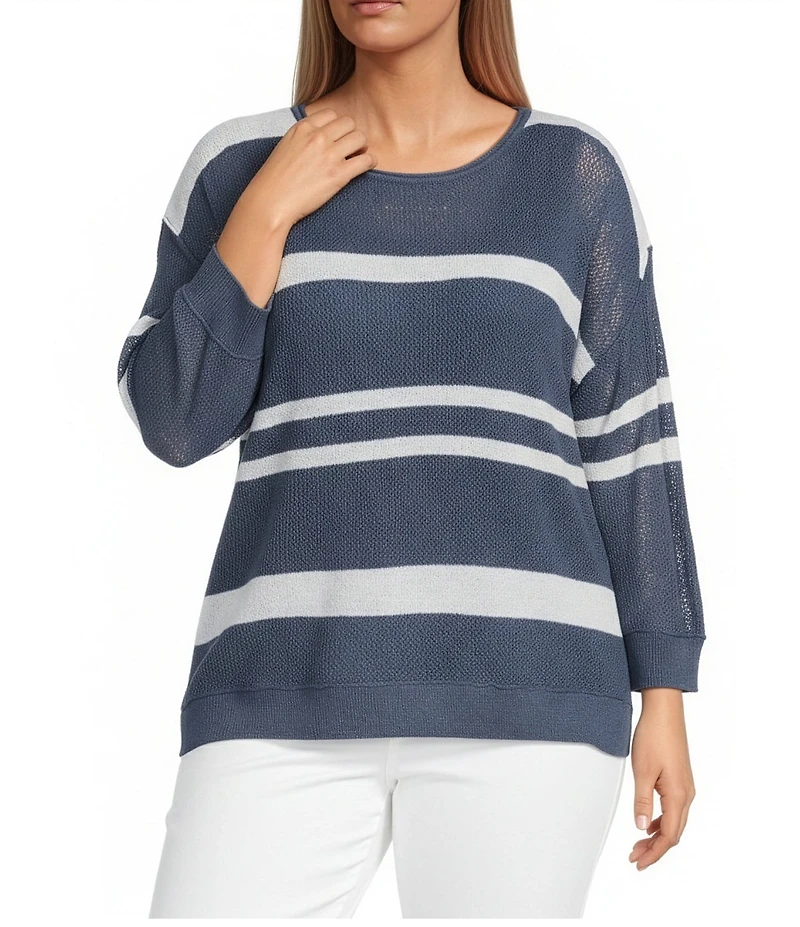 Westbound Plus Size 3/4 Sleeve Crochet Crew Neck Ribbed Top