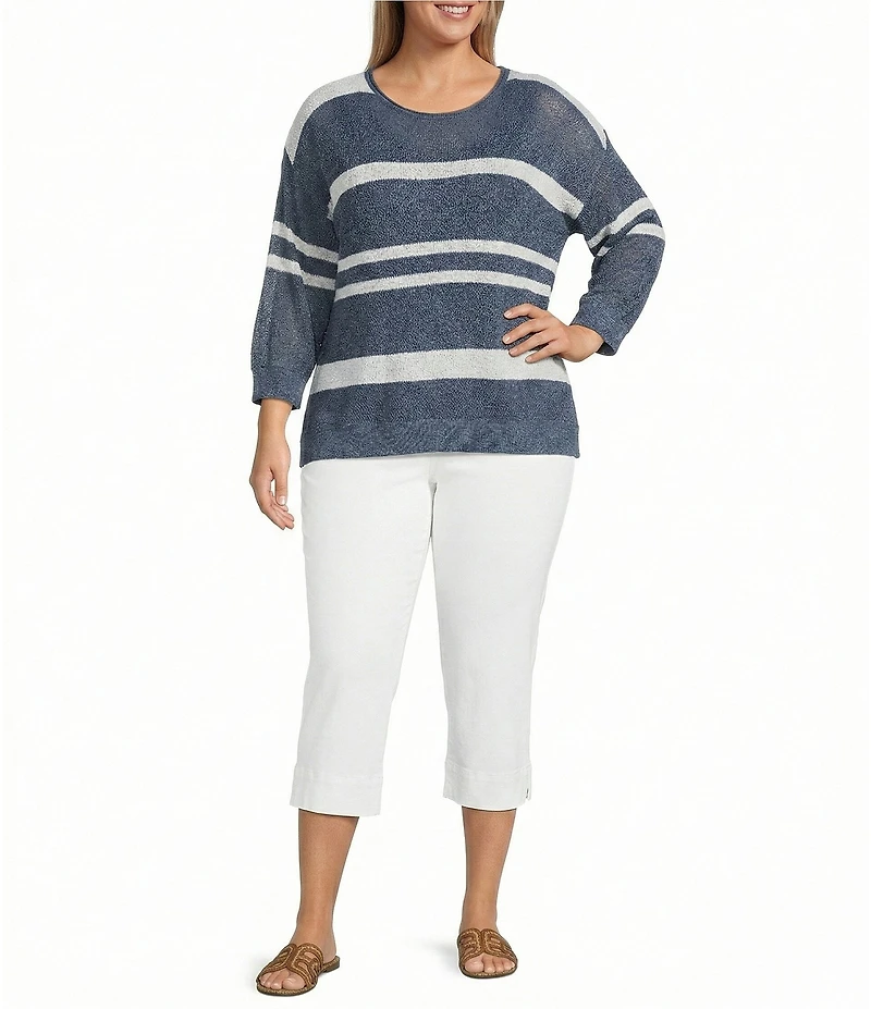 Westbound Plus Size 3/4 Sleeve Crochet Crew Neck Ribbed Top
