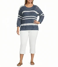 Westbound Plus Size 3/4 Sleeve Crochet Crew Neck Ribbed Top
