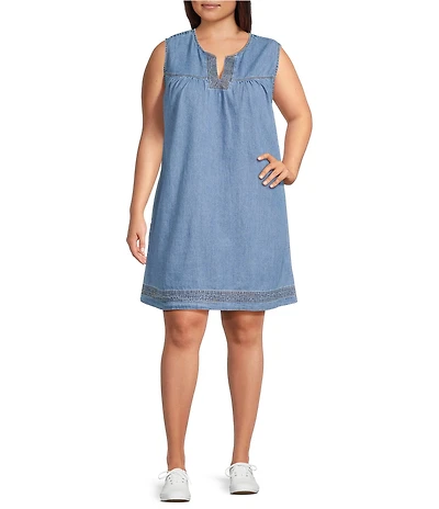 Westbound Plus Size Baby Doll Sleeveless Denim Trapunto Dress