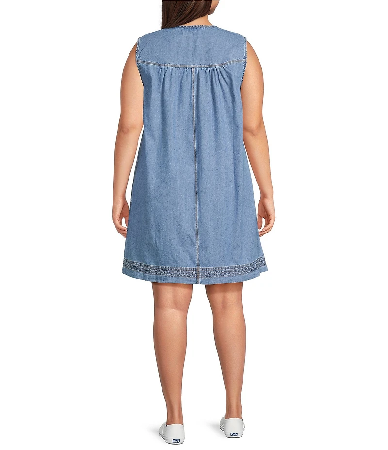 Westbound Plus Size Baby Doll Sleeveless Denim Trapunto Dress