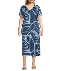 Westbound Plus Size Blue Geo Tex Short Sleeve V-Neck Dress
