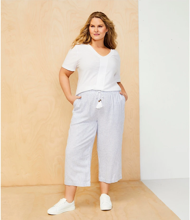 Westbound Plus Size Blue White Stripe Crop Linen Blend Pants