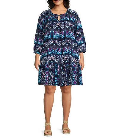 Westbound Plus Size Blurred Patels Bracelet Sleeve Tie Neck Dress