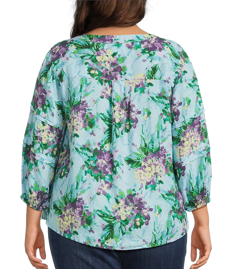 Westbound Plus Size Bouquet Blossom Linen Blend 3/4 Sleeve V-Neck Top