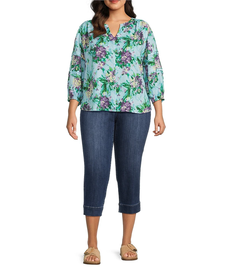 Westbound Plus Size Bouquet Blossom Linen Blend 3/4 Sleeve V-Neck Top