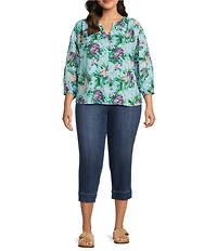 Westbound Plus Size Bouquet Blossom Linen Blend 3/4 Sleeve V-Neck Top