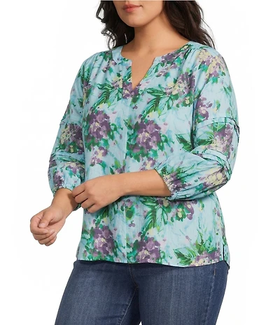 Westbound Plus Size Bouquet Blossom Linen Blend 3/4 Sleeve V-Neck Top