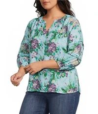 Westbound Plus Size Bouquet Blossom Linen Blend 3/4 Sleeve V-Neck Top