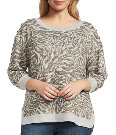 Westbound Plus Size Brown Zebra Knit Long Sleeve Button Shoulder Pullover Top