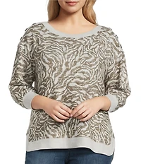 Westbound Plus Size Brown Zebra Knit Long Sleeve Button Shoulder Pullover Top