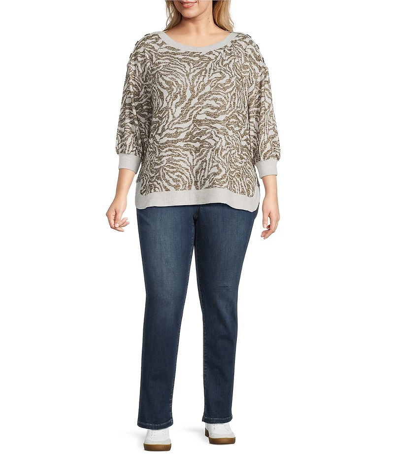 Westbound Plus Size Brown Zebra Knit Long Sleeve Button Shoulder Pullover Top