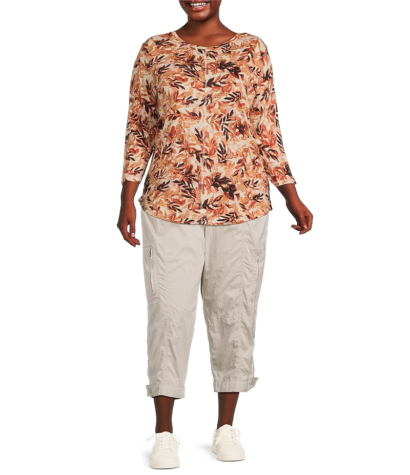 Westbound Plus Size Butter Cream Fall Leaves 3/4 Sleeve Crew Neck Knit Top