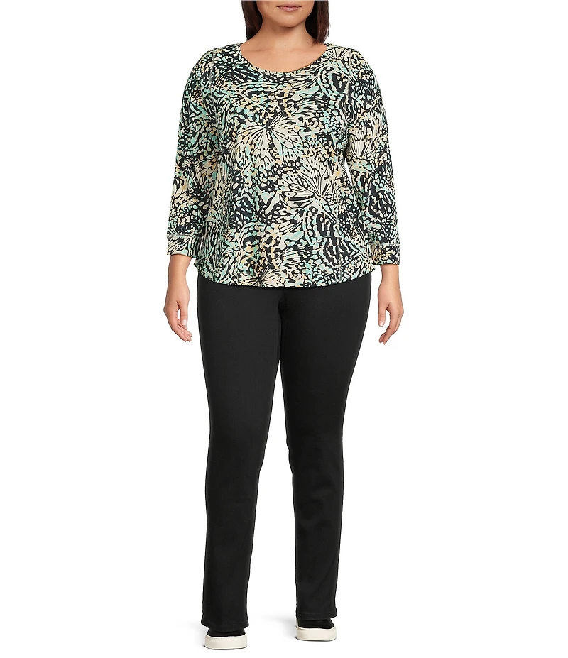 Westbound Plus Size Cabbage Butterfly Wing 3/4 Sleeve Knit Crew Neck Top