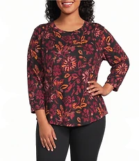 Westbound Plus Size Canvas Floral 3/4 Sleeve Knit Crew Neck Top