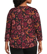 Westbound Plus Size Canvas Floral 3/4 Sleeve Knit Crew Neck Top
