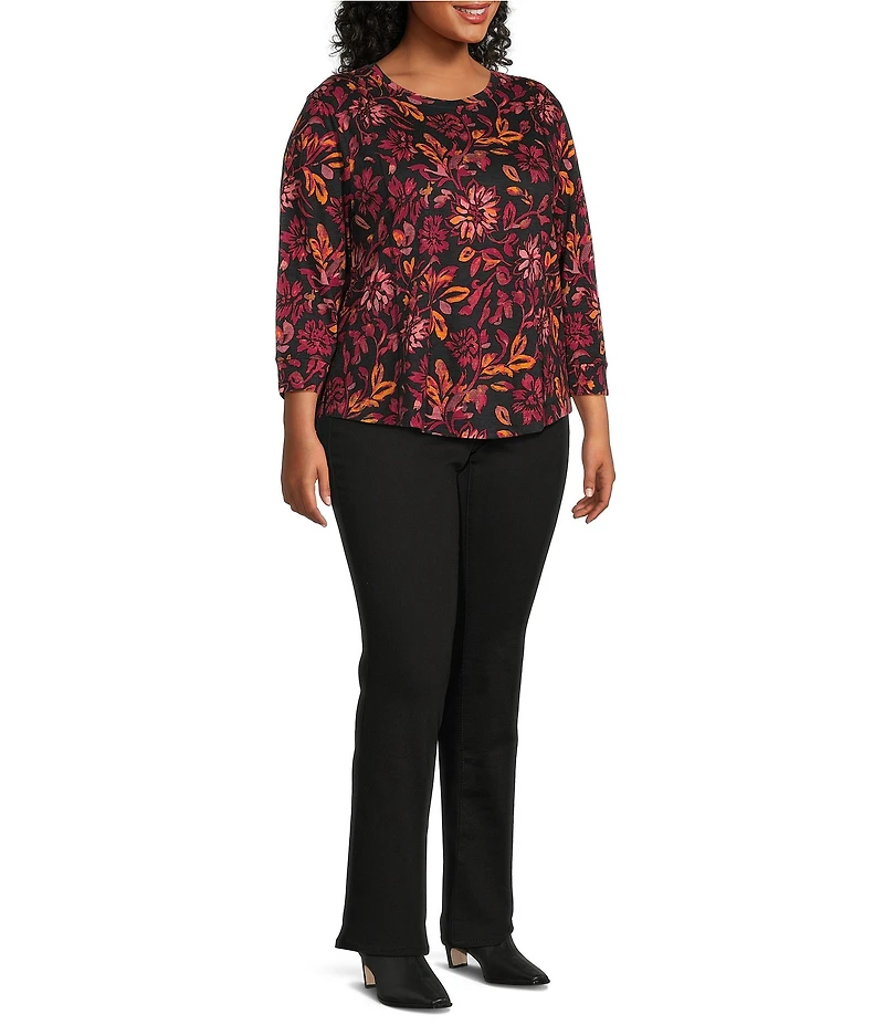 Westbound Plus Size Canvas Floral 3/4 Sleeve Knit Crew Neck Top