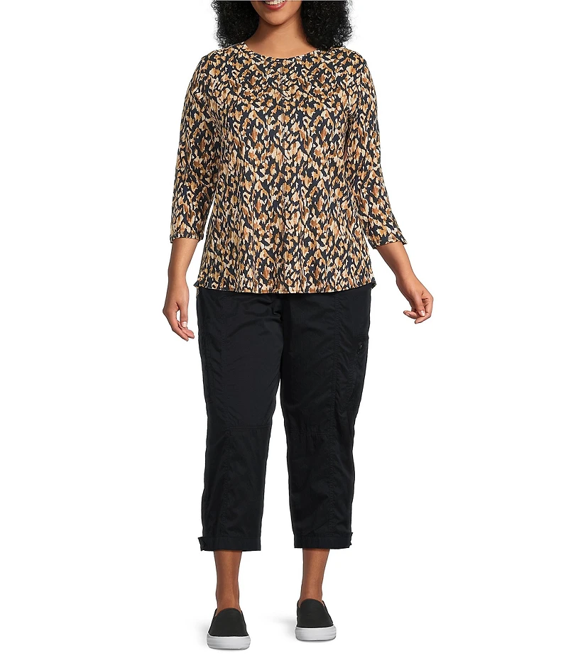 Westbound Plus Size Celestial Chalk Leopard 3/4 Sleeve Crew Neck Knit Top